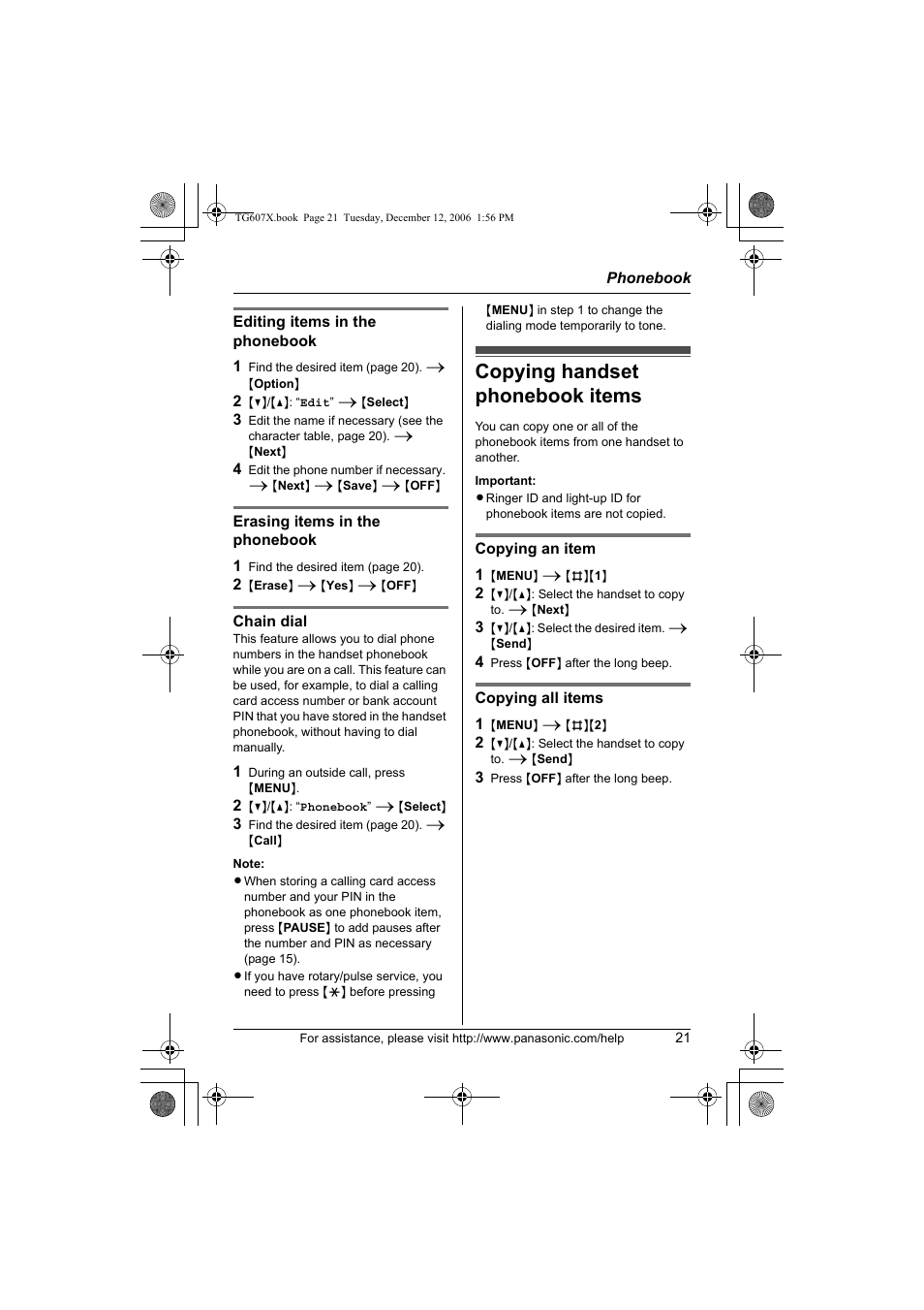 Copying handset phonebook items | Panasonic KX-TG6073 User Manual | Page 21 / 56