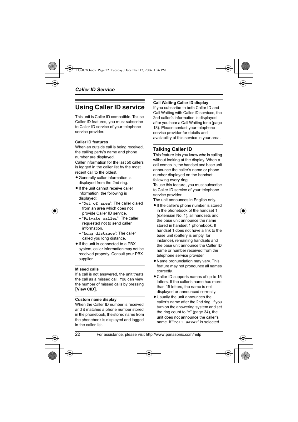 Using caller id service | Panasonic KX-TG6073 User Manual | Page 22 / 56