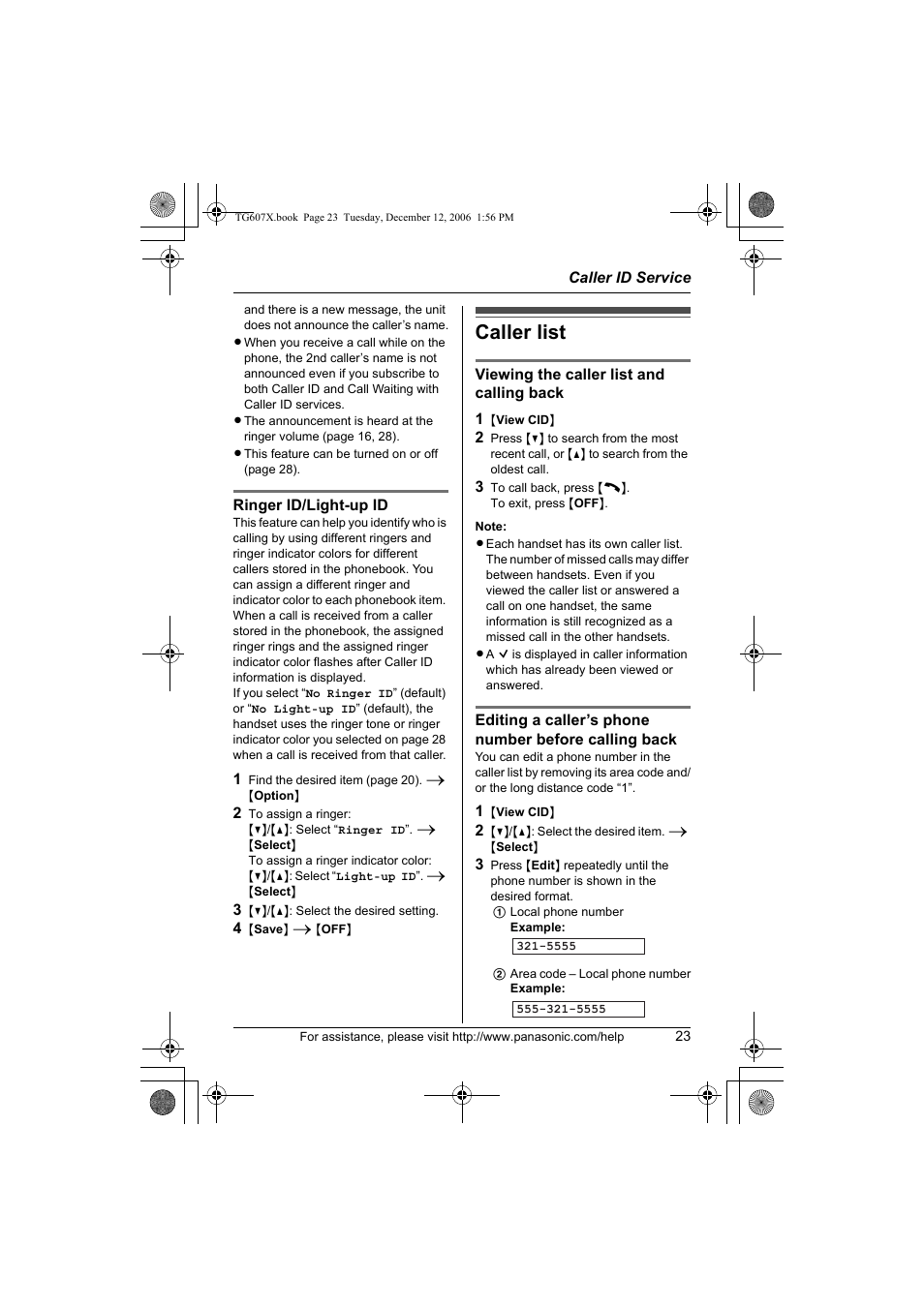 Caller list | Panasonic KX-TG6073 User Manual | Page 23 / 56