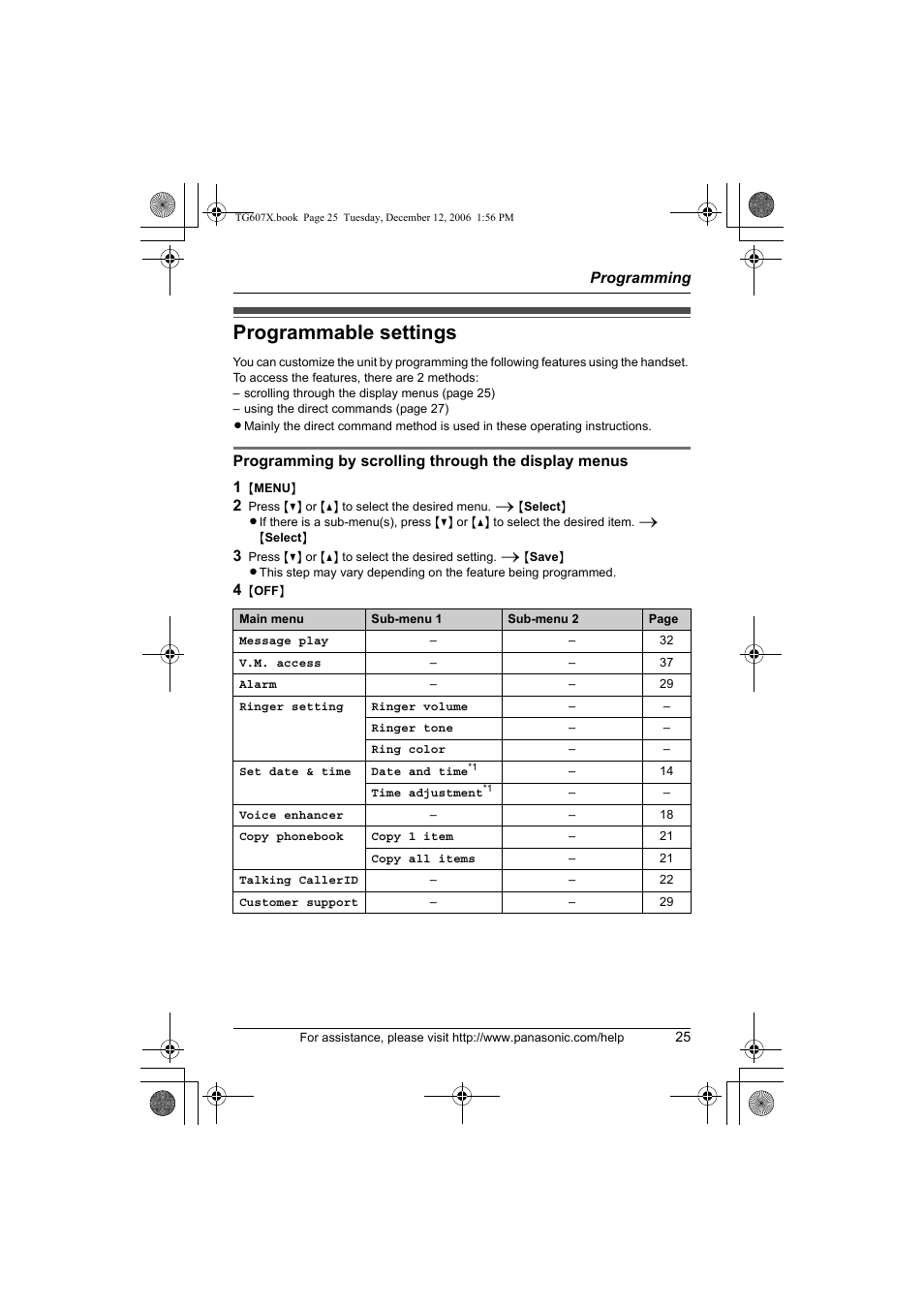 Programmable settings | Panasonic KX-TG6073 User Manual | Page 25 / 56