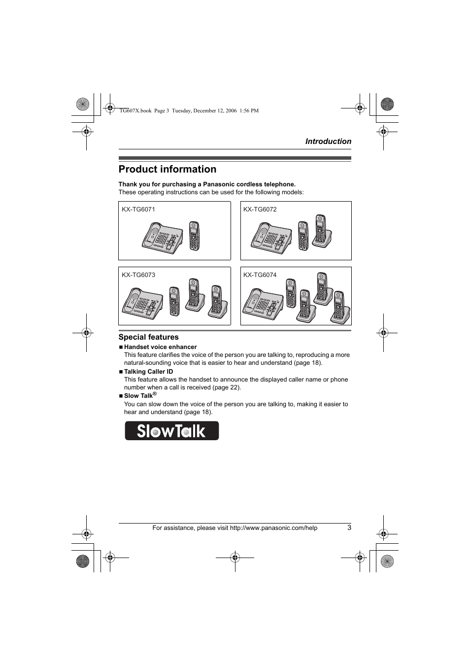 Product information | Panasonic KX-TG6073 User Manual | Page 3 / 56