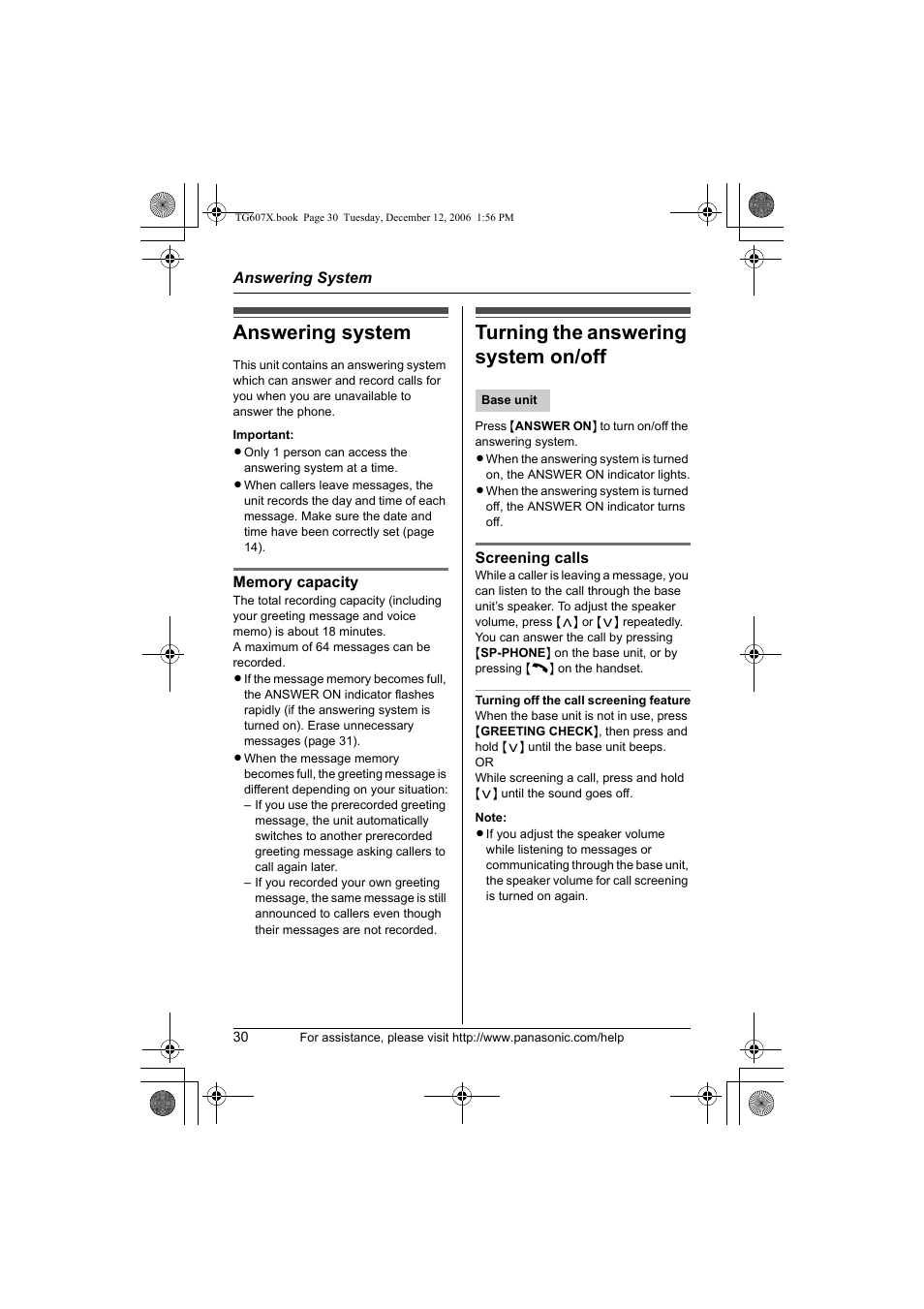 Answering system, Turning the answering system on/off | Panasonic KX-TG6073 User Manual | Page 30 / 56