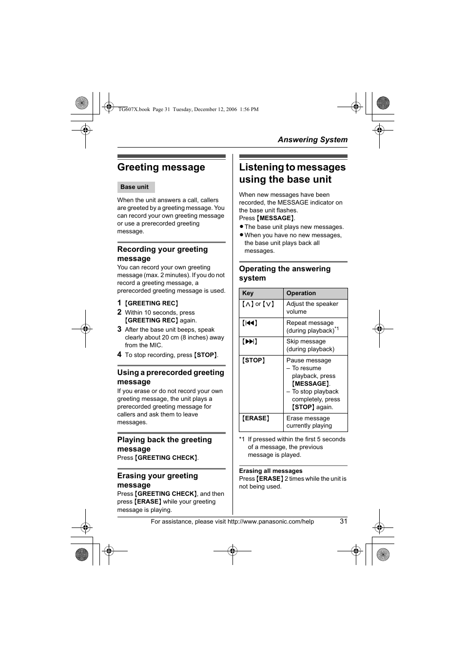 Greeting message, Listening to messages using the base unit | Panasonic KX-TG6073 User Manual | Page 31 / 56