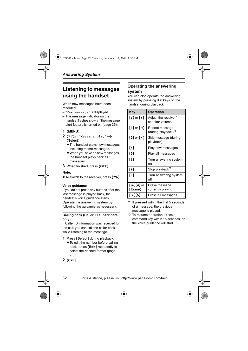 Listening to messages using the handset | Panasonic KX-TG6073 User Manual | Page 32 / 56