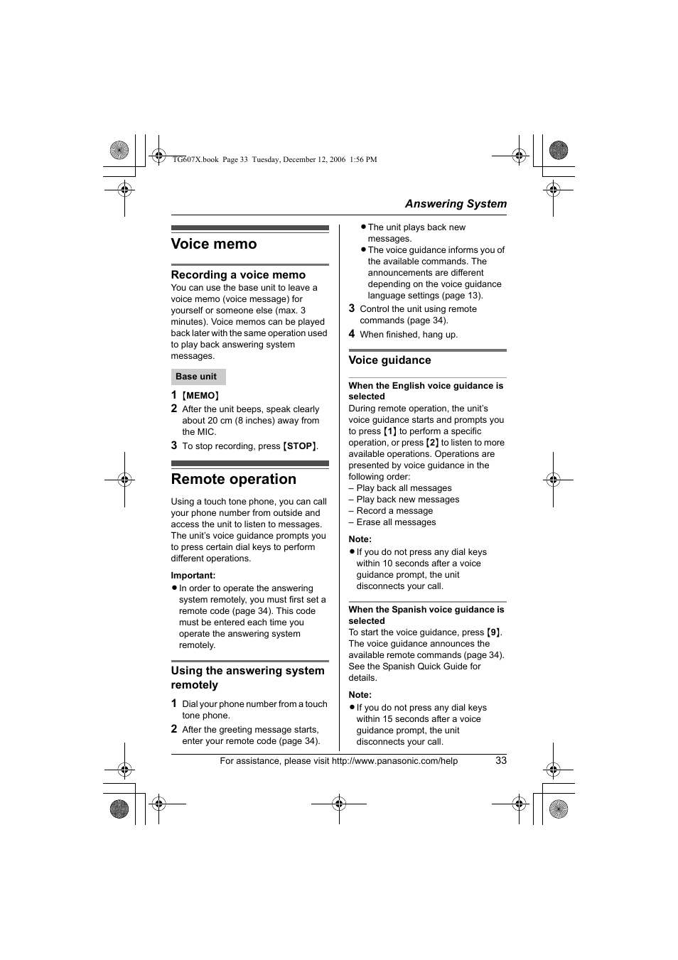 Remote operation | Panasonic KX-TG6073 User Manual | Page 33 / 56