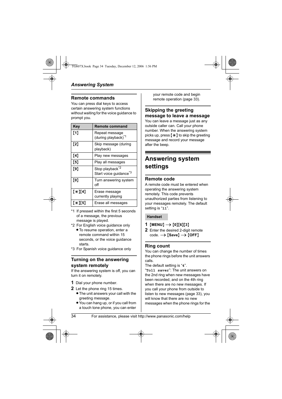 Answering system settings | Panasonic KX-TG6073 User Manual | Page 34 / 56