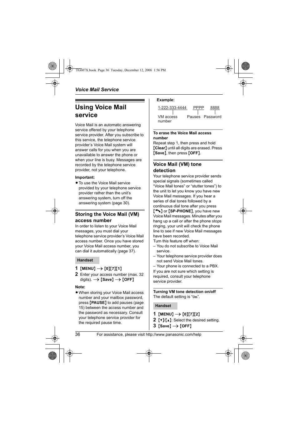 Using voice mail service | Panasonic KX-TG6073 User Manual | Page 36 / 56