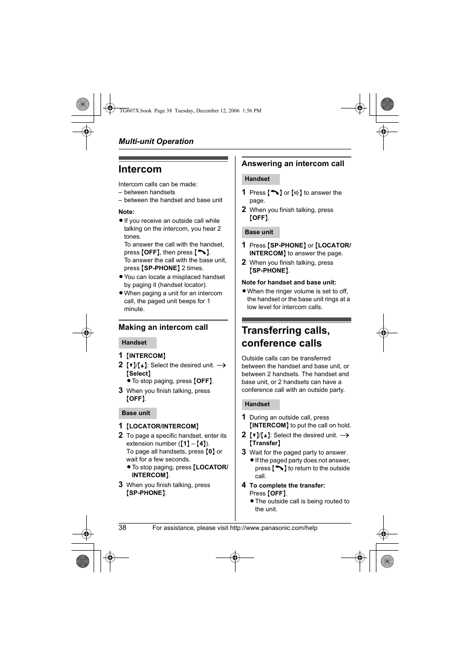 Intercom, Transferring calls, conference calls | Panasonic KX-TG6073 User Manual | Page 38 / 56