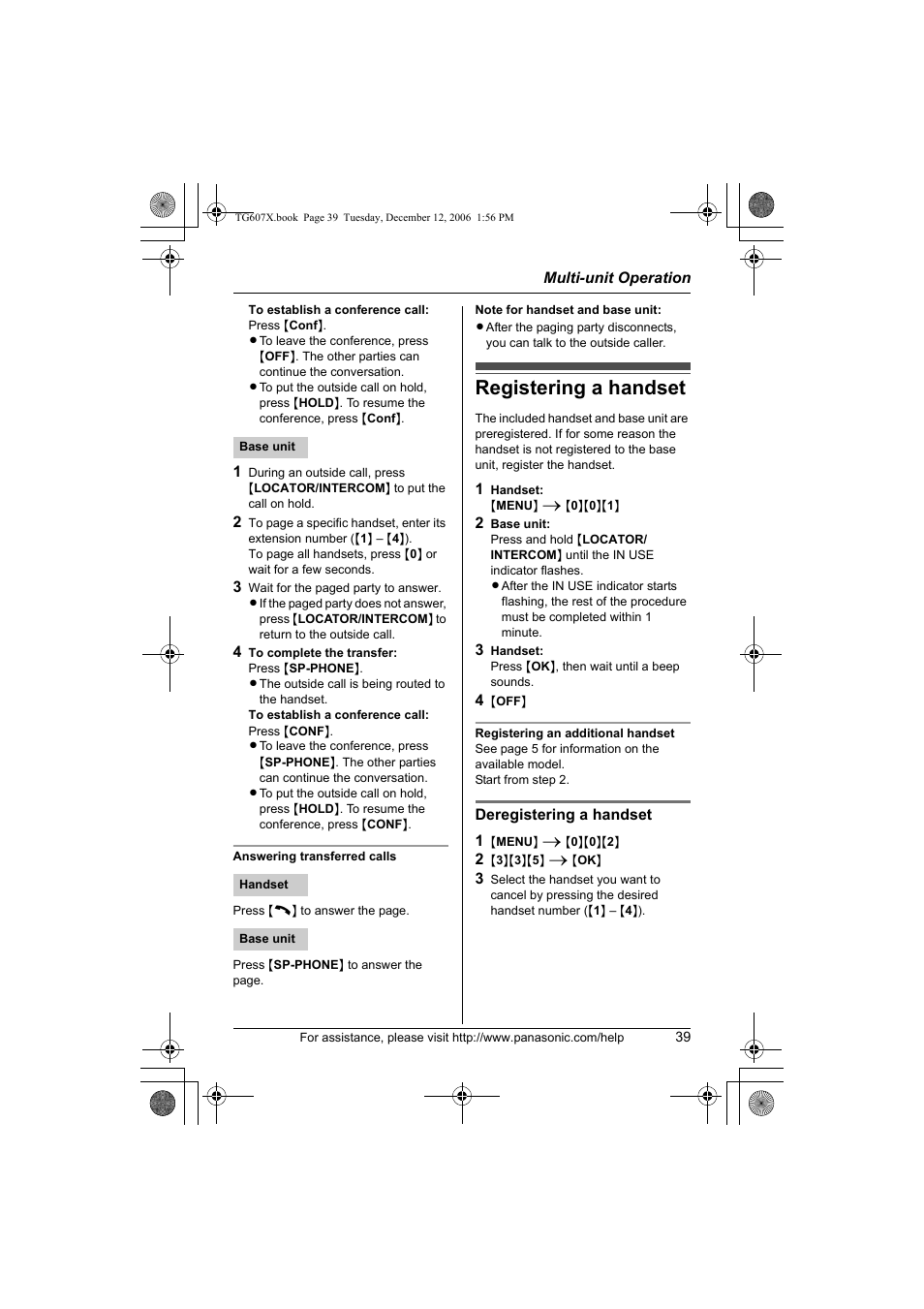 Registering a handset | Panasonic KX-TG6073 User Manual | Page 39 / 56