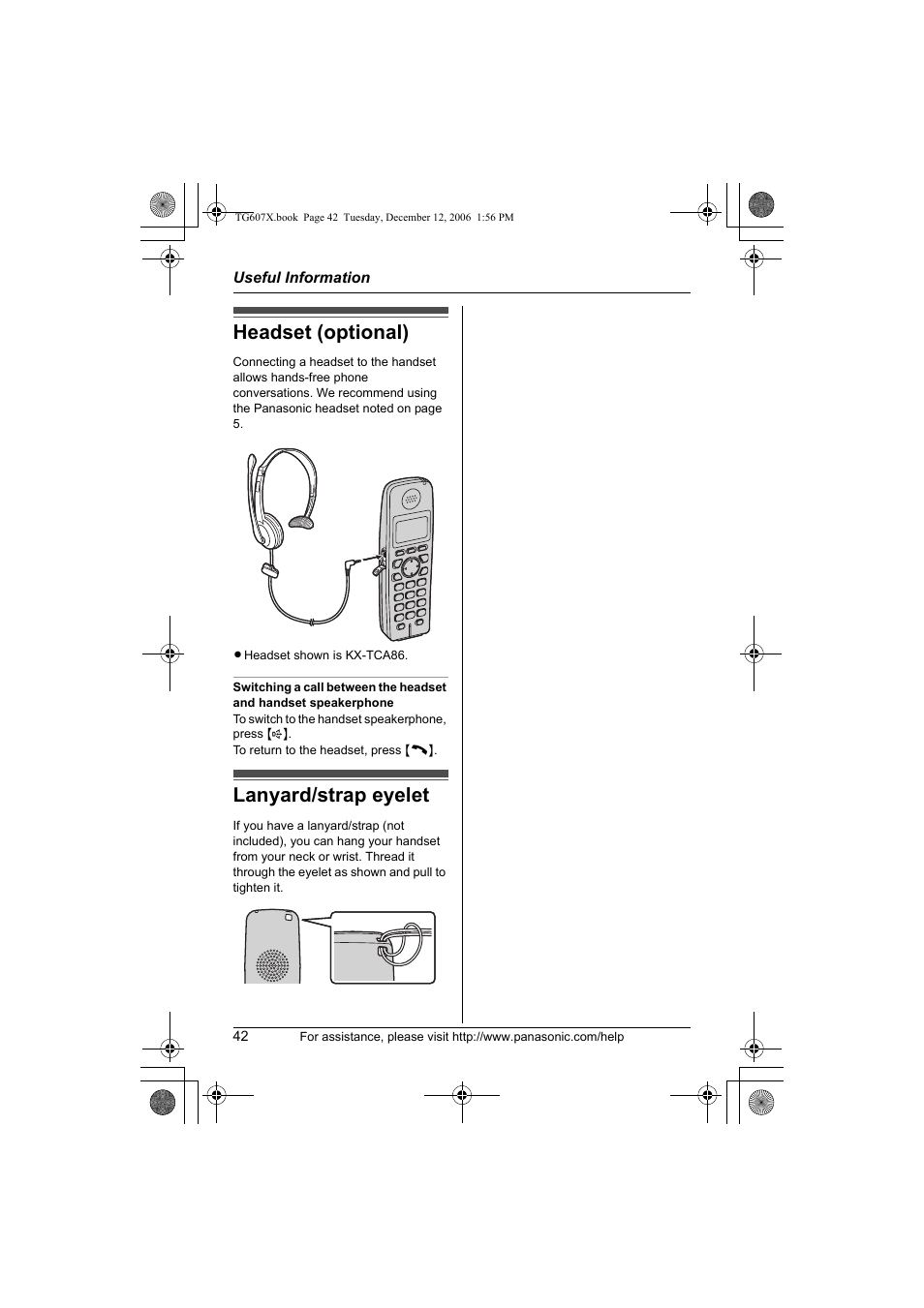 Headset (optional), Lanyard/strap eyelet | Panasonic KX-TG6073 User Manual | Page 42 / 56