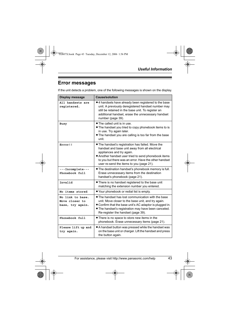 Error messages | Panasonic KX-TG6073 User Manual | Page 43 / 56