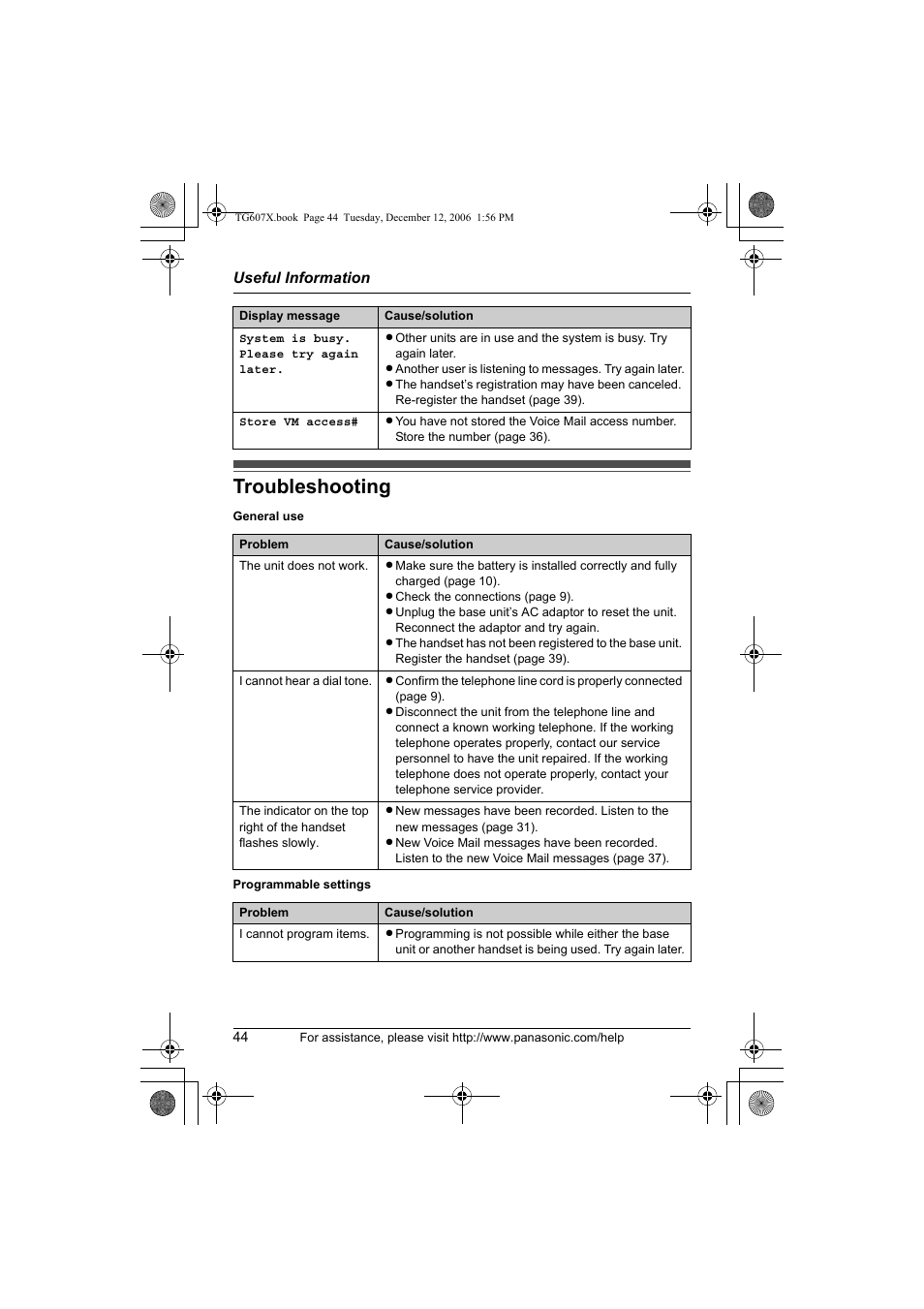 Troubleshooting | Panasonic KX-TG6073 User Manual | Page 44 / 56