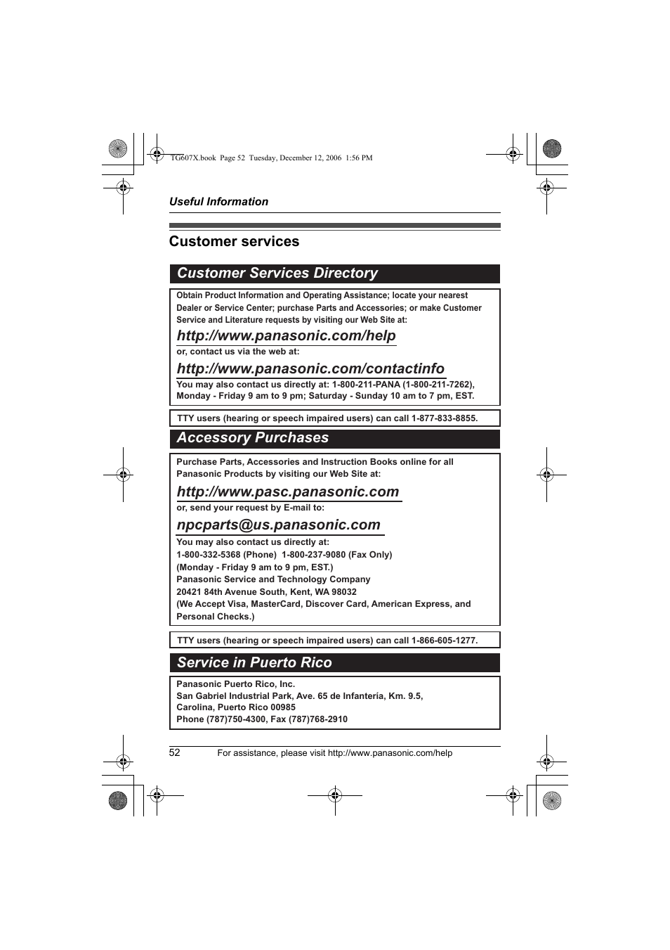 Customer services customer services directory, Accessory purchases service in puerto rico | Panasonic KX-TG6073 User Manual | Page 52 / 56