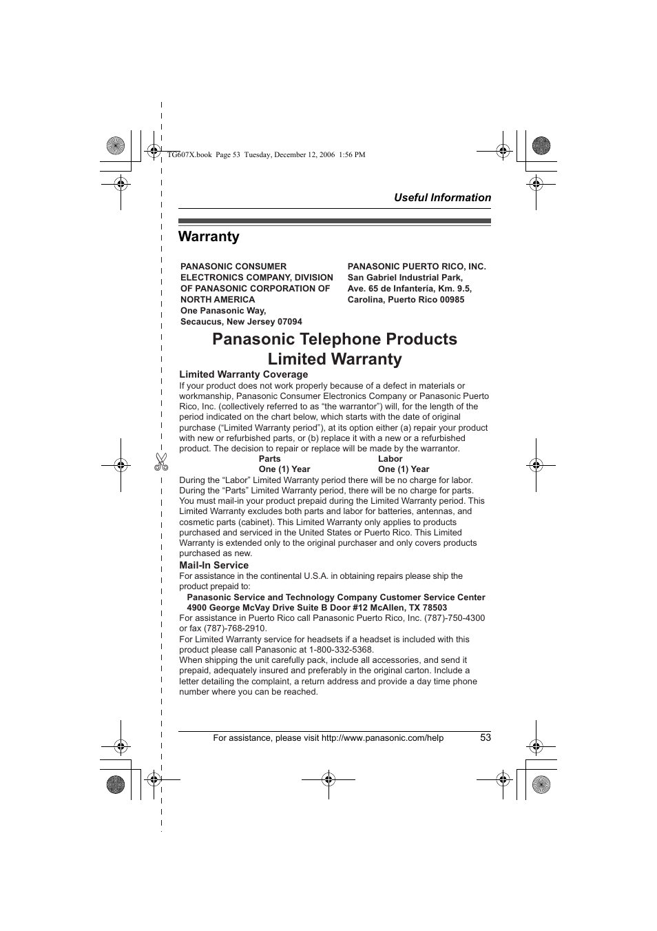 Panasonic telephone products limited warranty, Warranty | Panasonic KX-TG6073 User Manual | Page 53 / 56