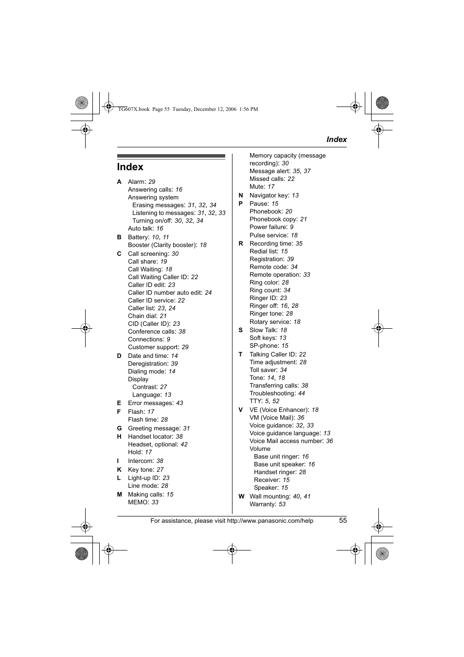 Index | Panasonic KX-TG6073 User Manual | Page 55 / 56