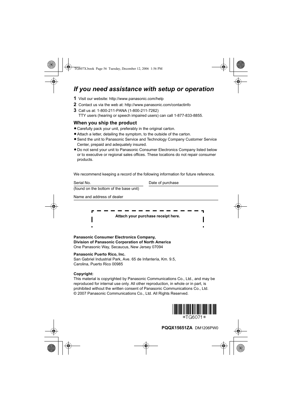 If you need assistance with setup or operation | Panasonic KX-TG6073 User Manual | Page 56 / 56