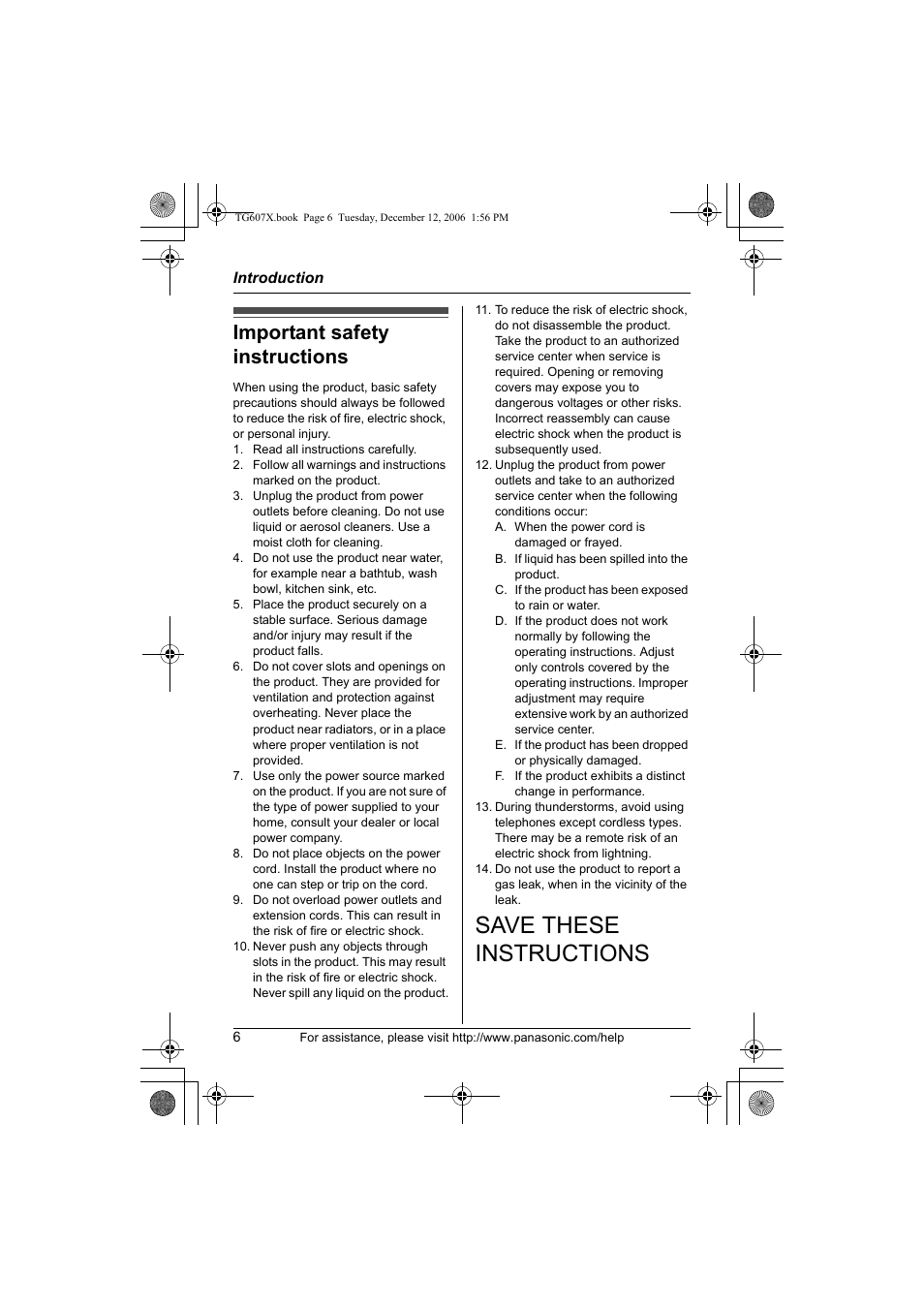 Save these instructions, Important safety instructions | Panasonic KX-TG6073 User Manual | Page 6 / 56