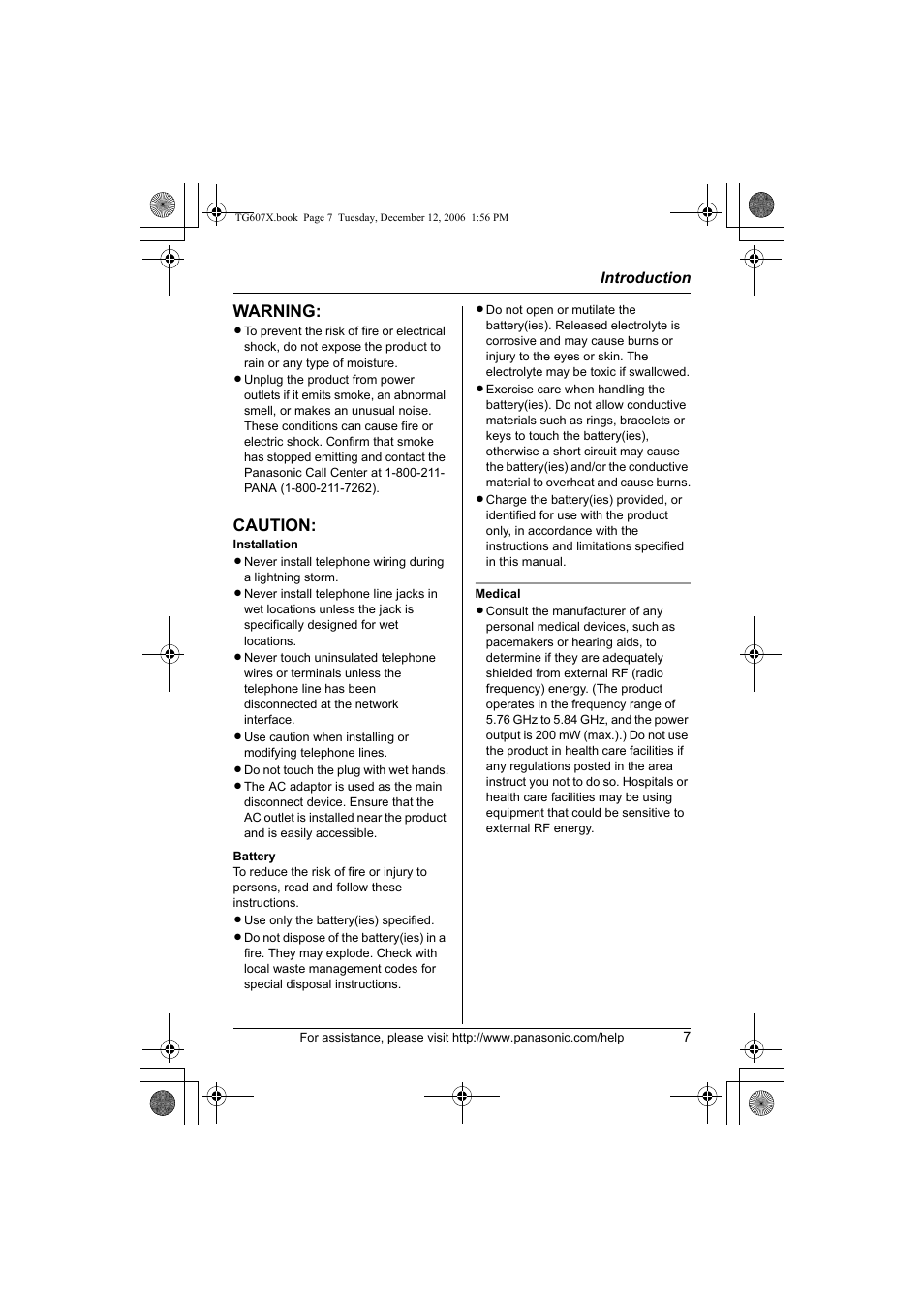 Warning, Caution | Panasonic KX-TG6073 User Manual | Page 7 / 56