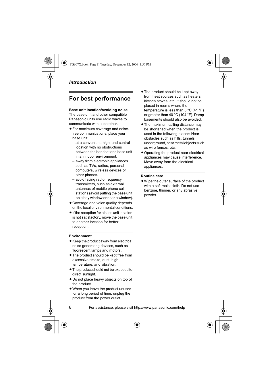 For best performance | Panasonic KX-TG6073 User Manual | Page 8 / 56