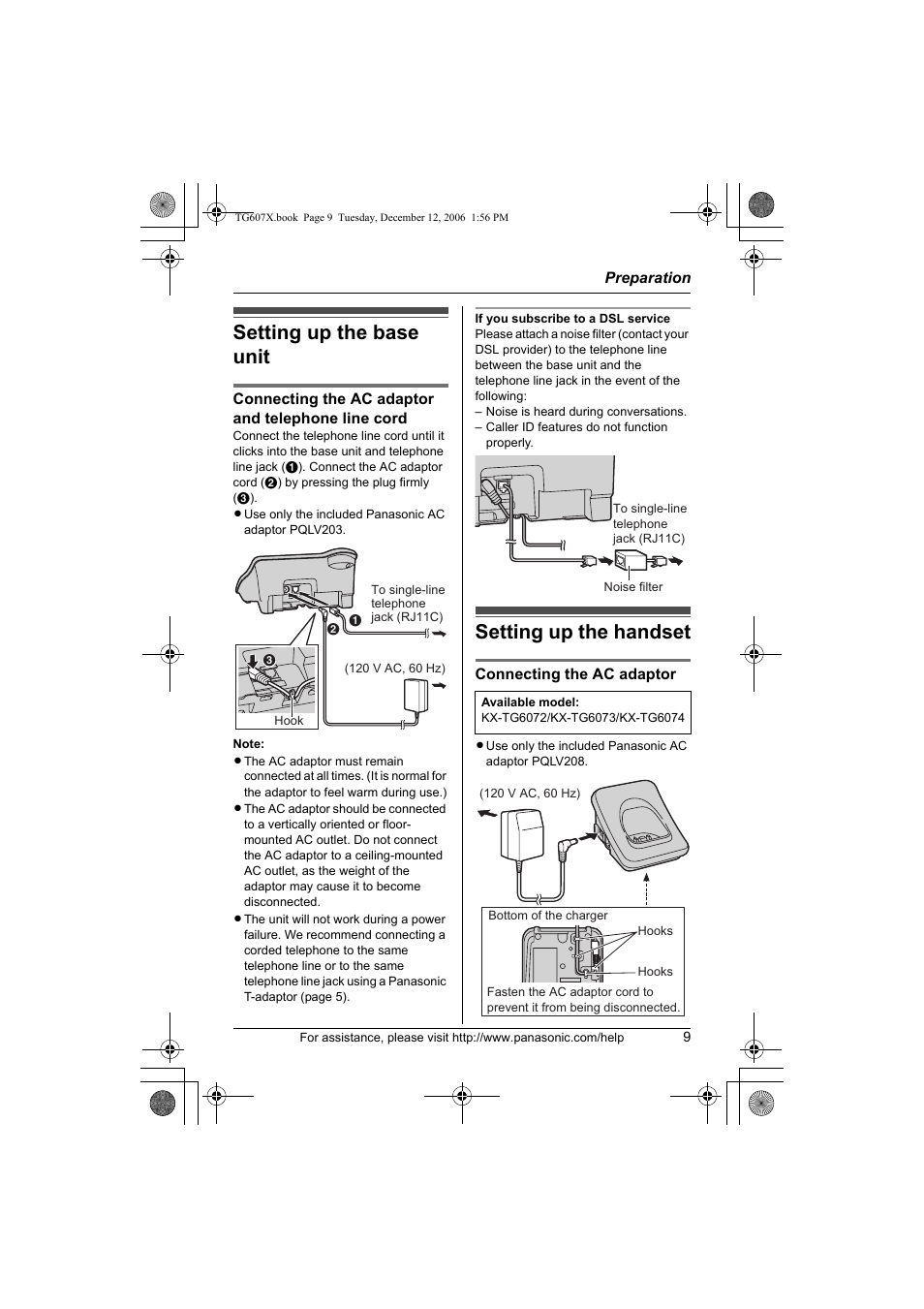 Setting up the base unit, Setting up the handset | Panasonic KX-TG6073 User Manual | Page 9 / 56