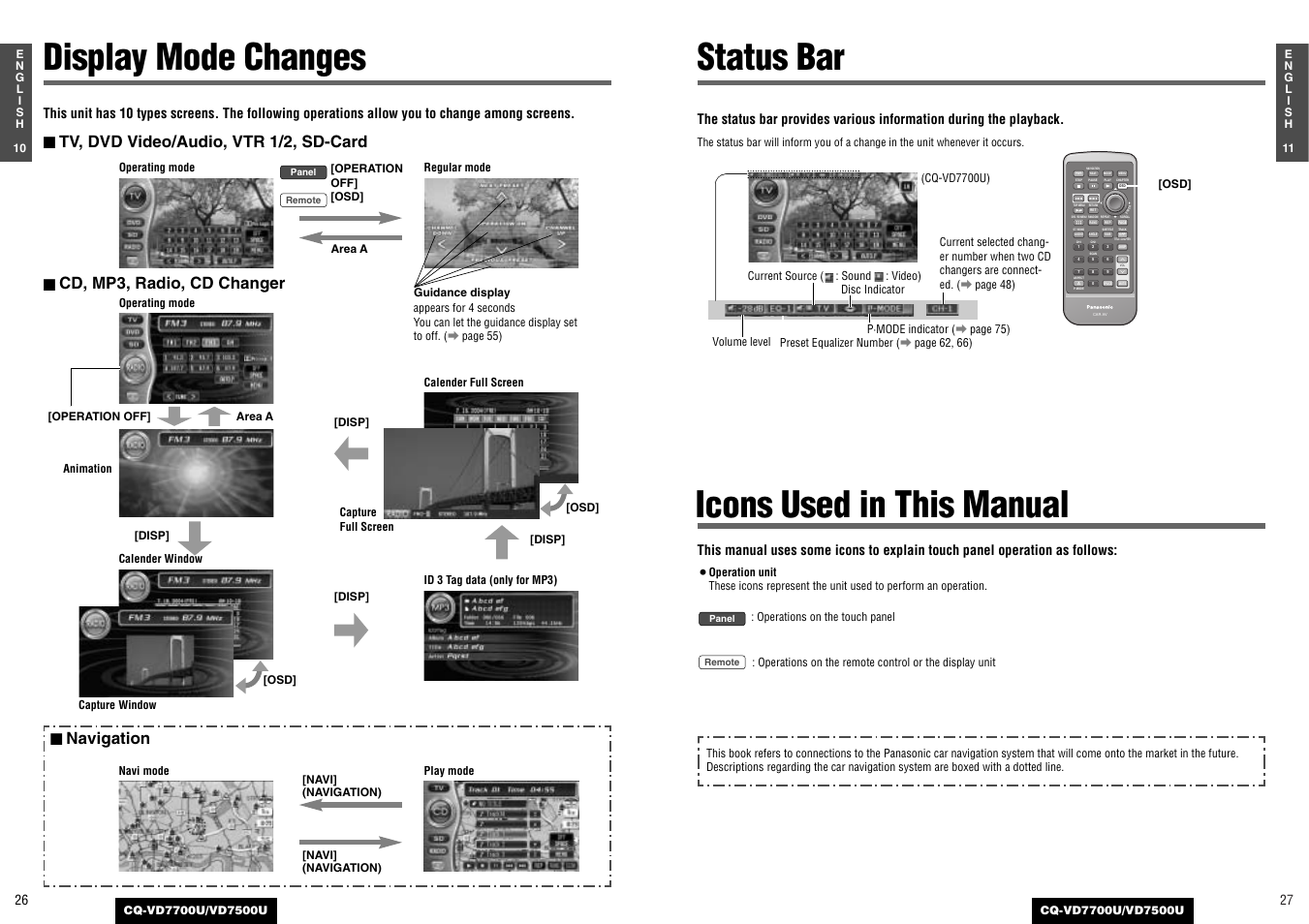 Display mode changes status bar, Icons used in this manual, Tv, dvd video/audio, vtr 1/2, sd-card | Cd, mp3, radio, cd changer ■ navigation | Panasonic CQ-VD7700U User Manual | Page 11 / 44