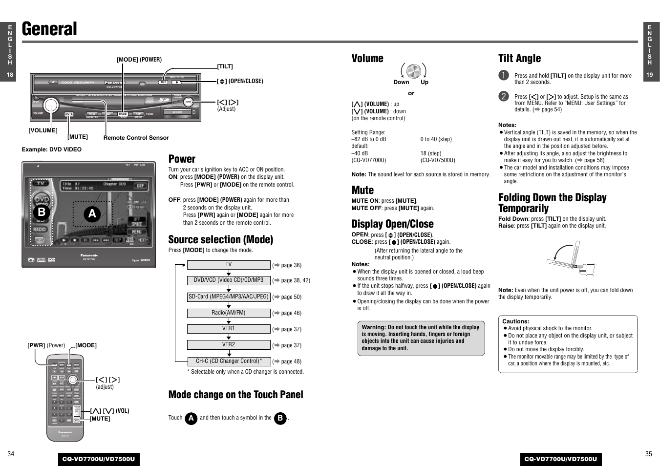 General, Power, Source selection (mode) | Volume, Mute, Display open/close, Tilt angle q, Folding down the display temporarily, Mode change on the touch panel | Panasonic CQ-VD7700U User Manual | Page 15 / 44