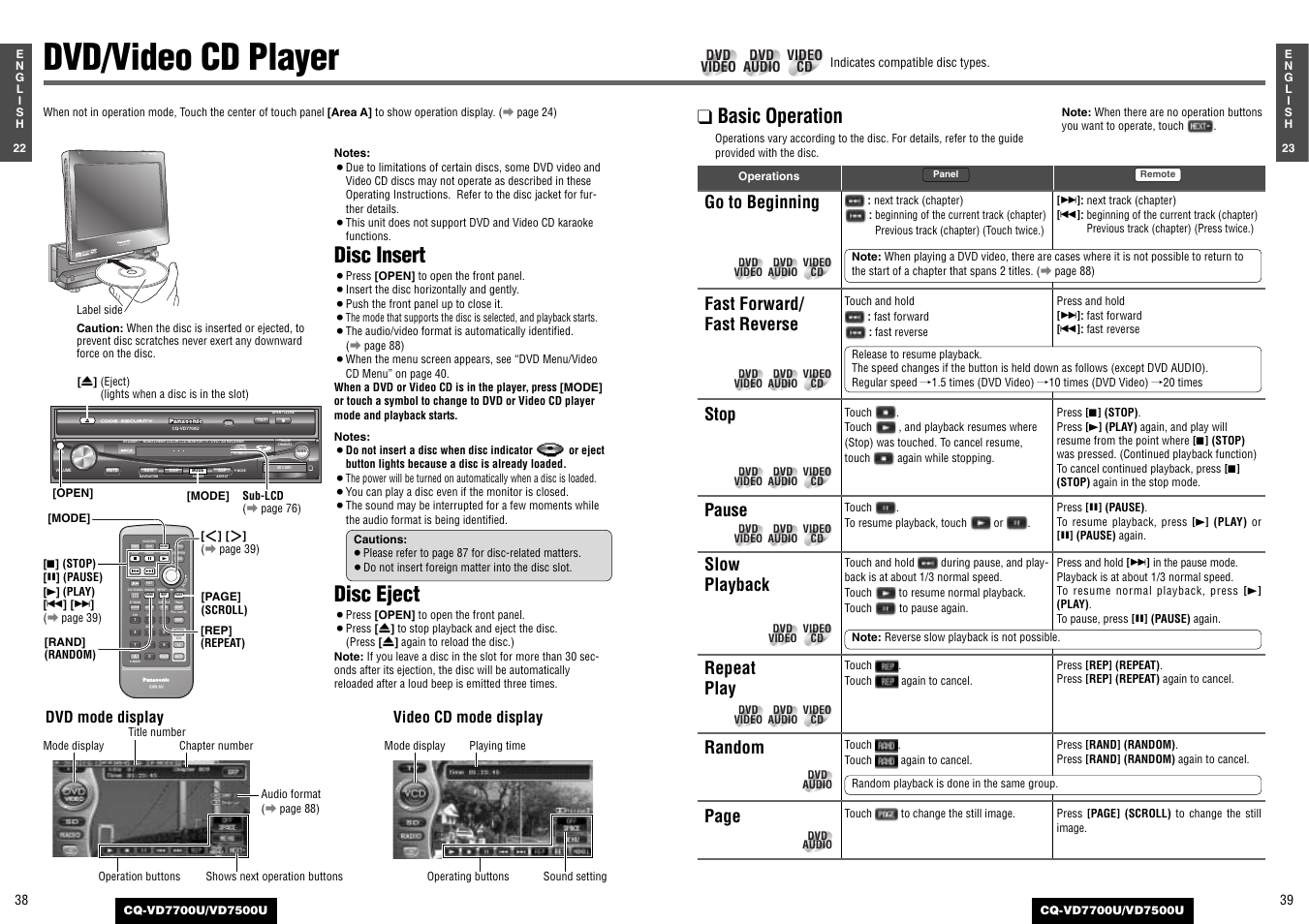 Dvd/video cd player, Disc insert, Disc eject | Basic operation, Enter cq-vd 7700u, Go to beginning, Fast forward/ fast reverse, Stop, Pause, Slow playback | Panasonic CQ-VD7700U User Manual | Page 17 / 44