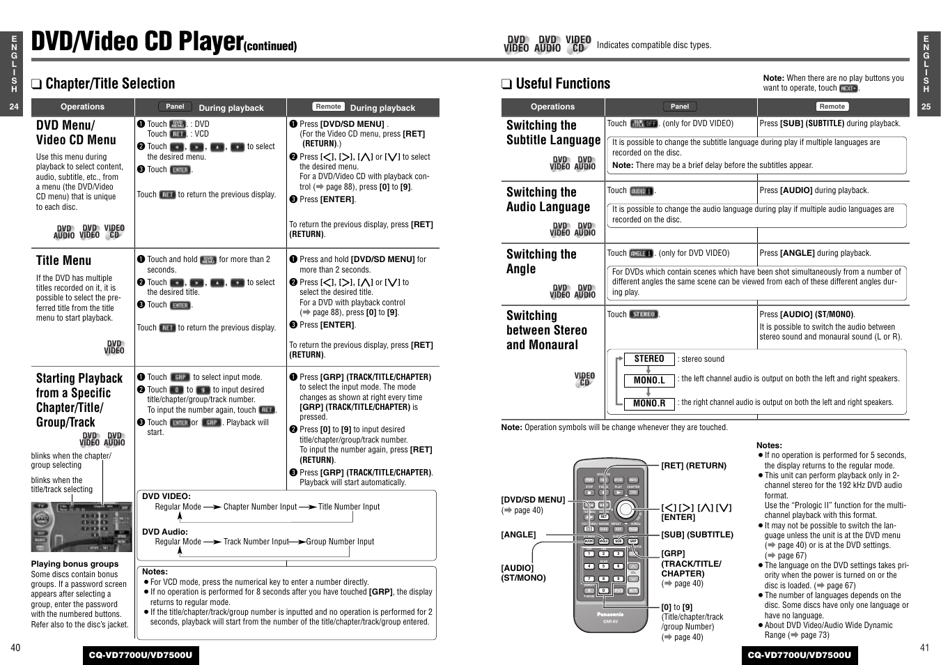 Dvd/video cd player, Useful functions, Chapter/title selection | Switching the subtitle language, Switching the audio language, Switching the angle, Switching between stereo and monaural, Dvd menu/ video cd menu, Title menu, Continued) | Panasonic CQ-VD7700U User Manual | Page 18 / 44