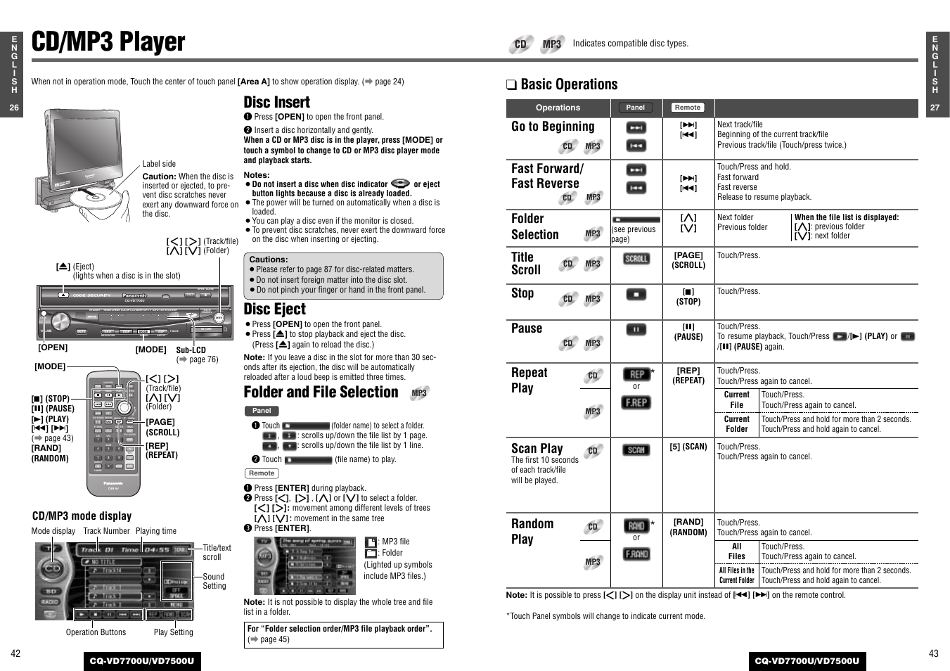 Cd/mp3 player, Disc insert, Disc eject | Folder and file selection, Basic operations, Enter cq-vd 7700u, Repeat play, Scan play, Go to beginning, Fast forward/ fast reverse | Panasonic CQ-VD7700U User Manual | Page 19 / 44