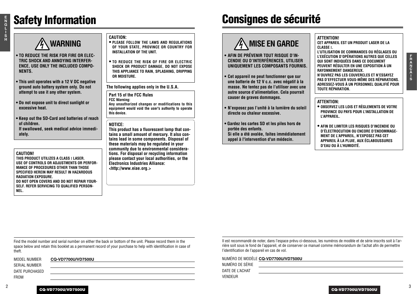 Safety information consignes de sécurité, Warning, Mise en garde | Panasonic CQ-VD7700U User Manual | Page 2 / 44