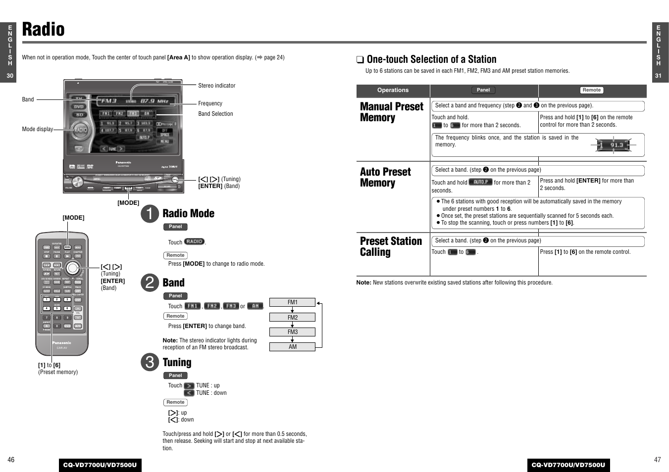 Radio, Preset station calling, Radio mode | Band, Tuning, One-touch selection of a station | Panasonic CQ-VD7700U User Manual | Page 21 / 44