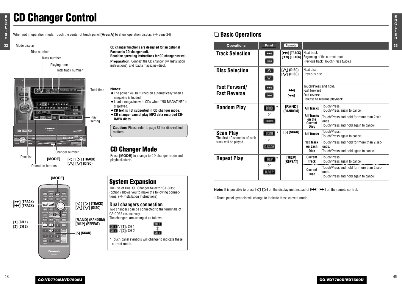 Cd changer control, Cd changer mode, System expansion | Basic operations, Track selection, Disc selection, Fast forward/ fast reverse, Random play, Scan play, Repeat play | Panasonic CQ-VD7700U User Manual | Page 22 / 44