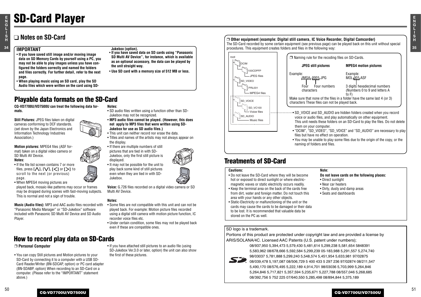 Sd-card player, Playable data formats on the sd-card, How to record play data on sd-cards | Treatments of sd-card | Panasonic CQ-VD7700U User Manual | Page 23 / 44