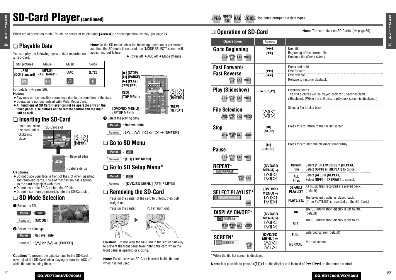 Sd-card player, Playable data ❑ inserting the sd-card, Sd mode selection | Go to sd menu, Go to sd setup menu, Removing the sd-card, Operation of sd-card, Lock, Fast forward/ fast reverse, Play (slideshow) | Panasonic CQ-VD7700U User Manual | Page 24 / 44