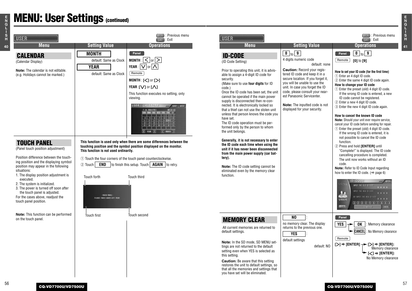 Menu: user settings, Calendar, Touch panel | Id-code | Panasonic CQ-VD7700U User Manual | Page 26 / 44