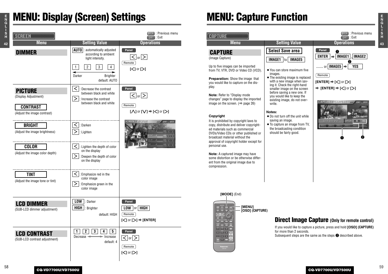 Direct image capture, Dimmer, Picture | Lcd dimmer, Lcd contrast, Capture, Contrast, Bright, Color, Tint | Panasonic CQ-VD7700U User Manual | Page 27 / 44