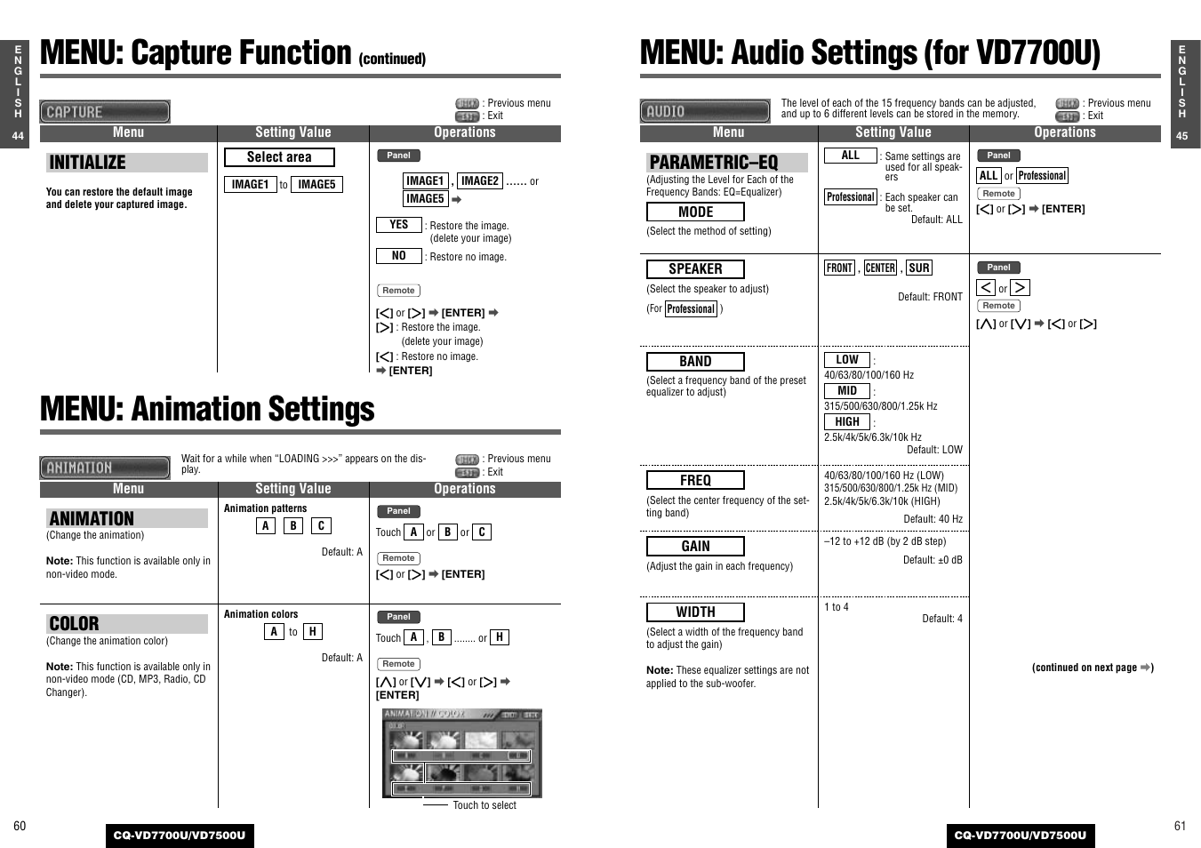 Menu: capture function, Menu: audio settings (for vd7700u), Menu: animation settings | Initialize, Animation, Color, Parametric–eq | Panasonic CQ-VD7700U User Manual | Page 28 / 44