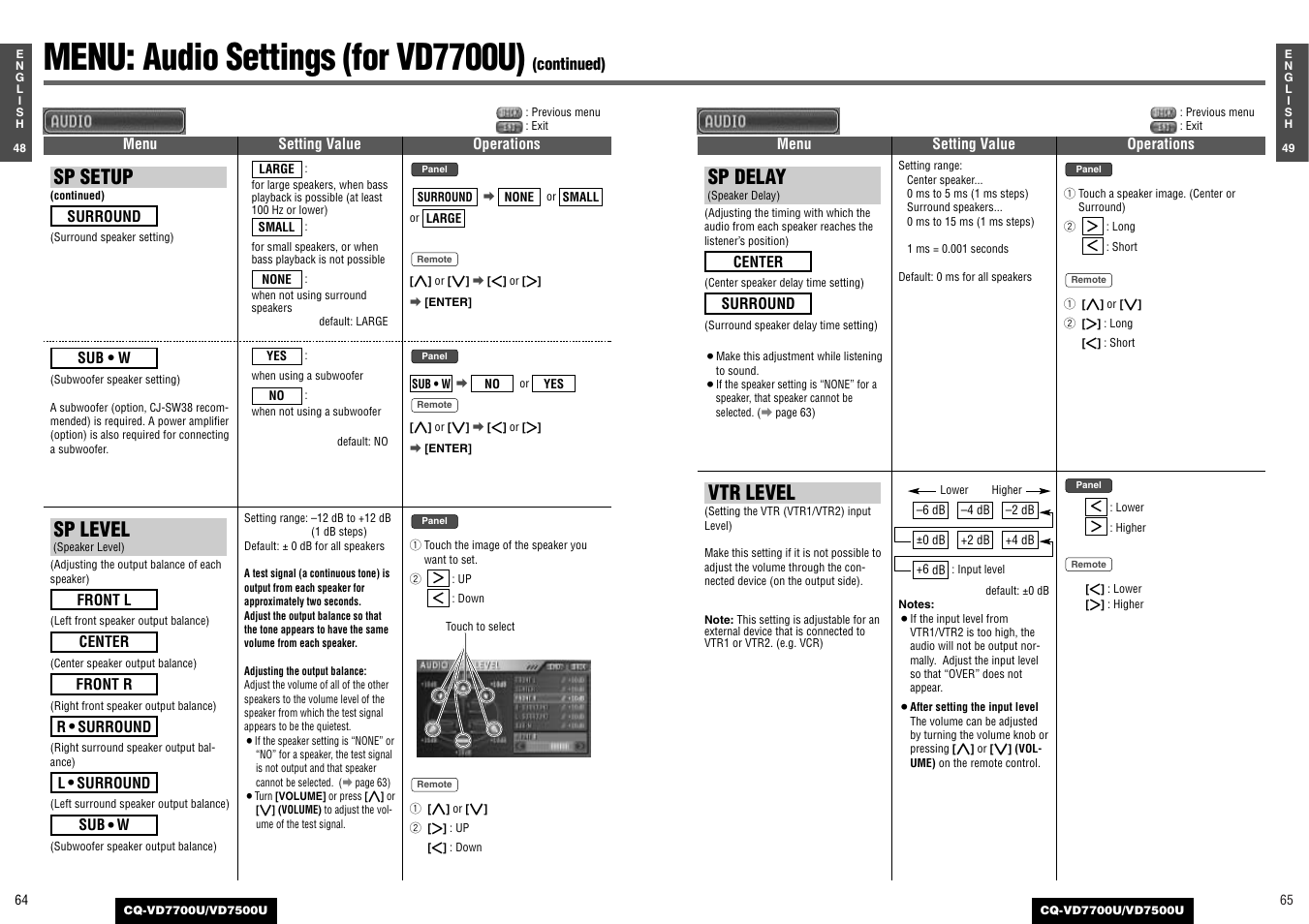 Menu: audio settings (for vd7700u), Sp setup, Sp level | Sp delay, Vtr level | Panasonic CQ-VD7700U User Manual | Page 30 / 44