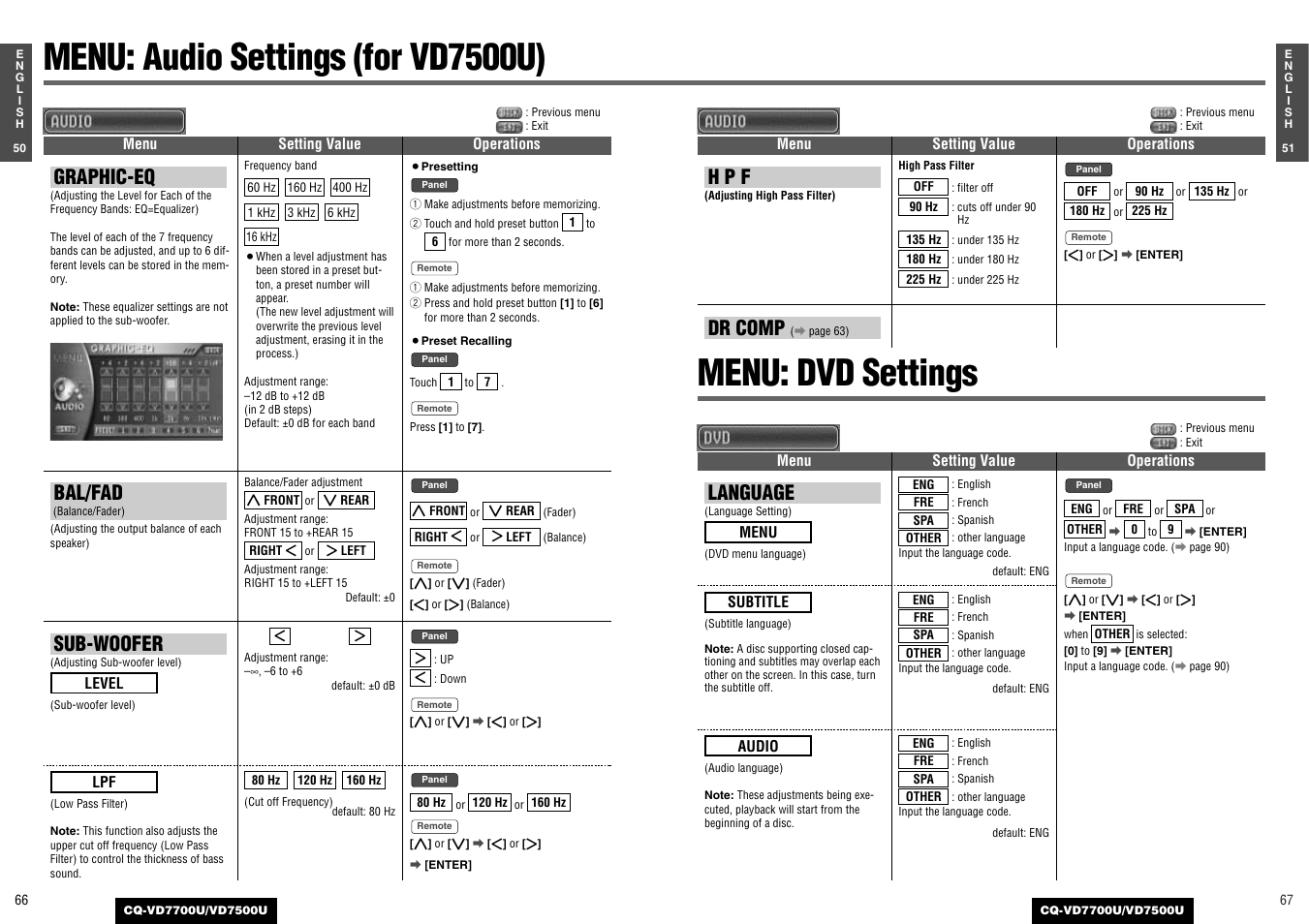 Menu: audio settings (for vd7500u), Menu: dvd settings, Graphic-eq | Bal/fad, Sub-woofer, H p f, Dr comp, Language | Panasonic CQ-VD7700U User Manual | Page 31 / 44