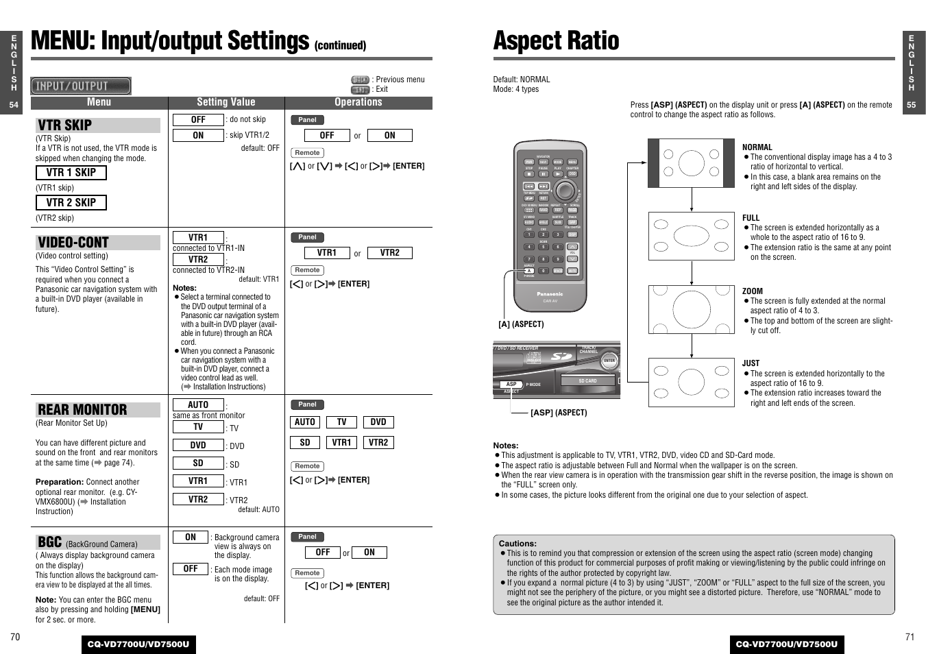 Menu: input/output settings, Aspect ratio, Vtr skip | Video-cont, Rear monitor, Continued), Vtr 2 skip vtr 1 skip, Menu setting value operations | Panasonic CQ-VD7700U User Manual | Page 33 / 44