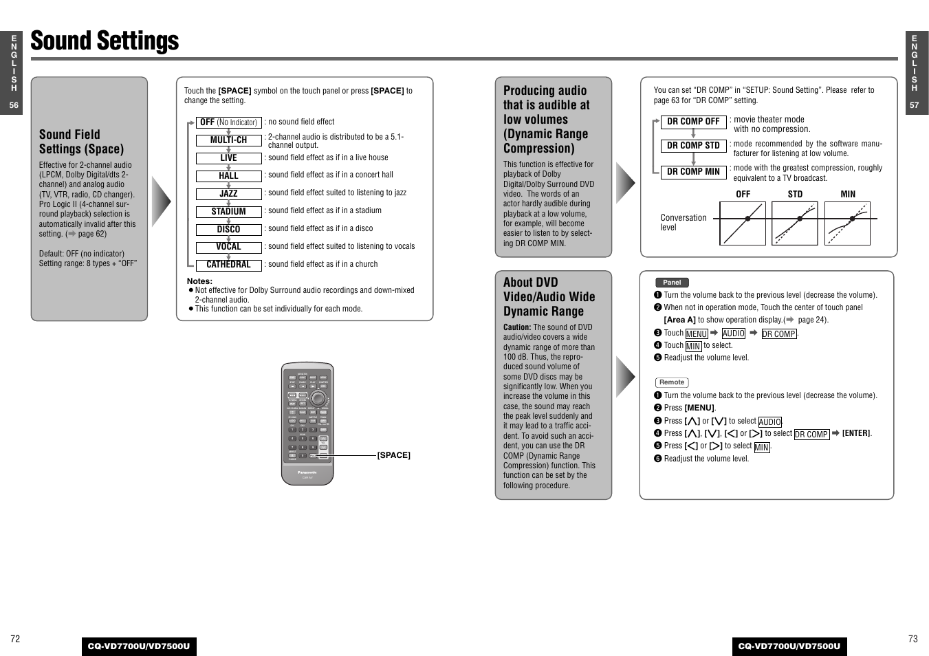 Sound settings, Sound field settings (space), About dvd video/audio wide dynamic range | Panasonic CQ-VD7700U User Manual | Page 34 / 44