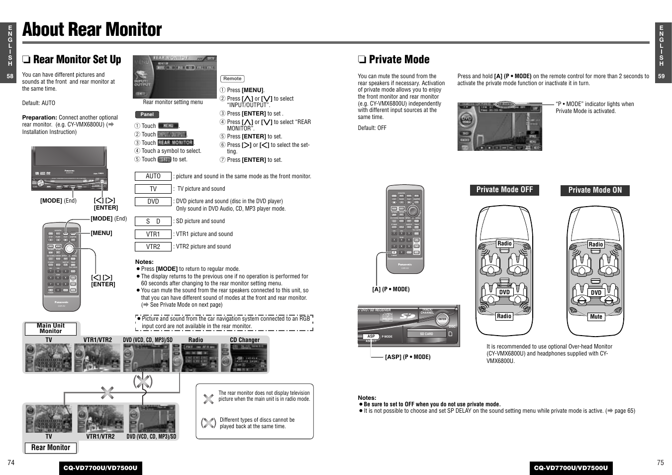 About rear monitor, Rear monitor set up ❏ private mode, Private mode off private mode on | Rear monitor | Panasonic CQ-VD7700U User Manual | Page 35 / 44