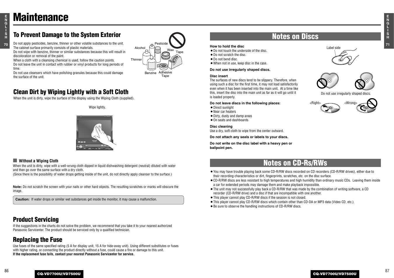 Maintenance, Product servicing, Replacing the fuse | Clean dirt by wiping lightly with a soft cloth | Panasonic CQ-VD7700U User Manual | Page 41 / 44