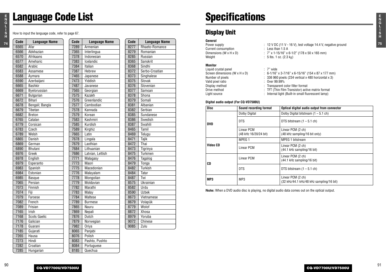 Language code list, Specifications, Display unit | Panasonic CQ-VD7700U User Manual | Page 43 / 44