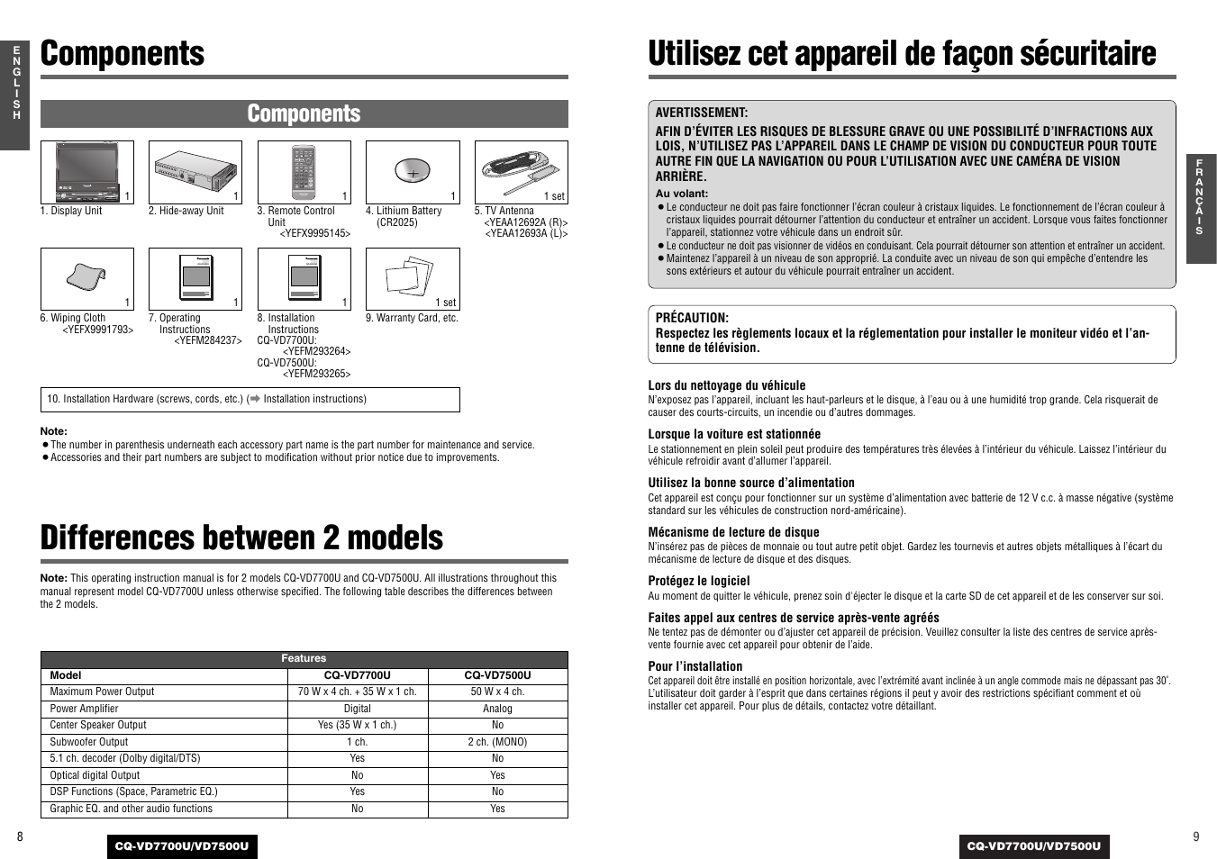 Components differences between 2 models, Utilisez cet appareil de façon sécuritaire, Components | Panasonic CQ-VD7700U User Manual | Page 5 / 44