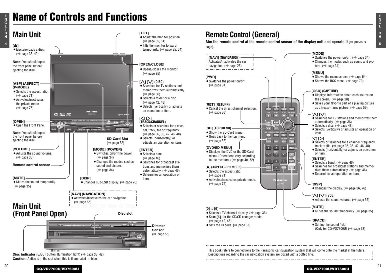 Name of controls and functions, Remote control (general), Main unit (front panel open) | Main unit | Panasonic CQ-VD7700U User Manual | Page 8 / 44
