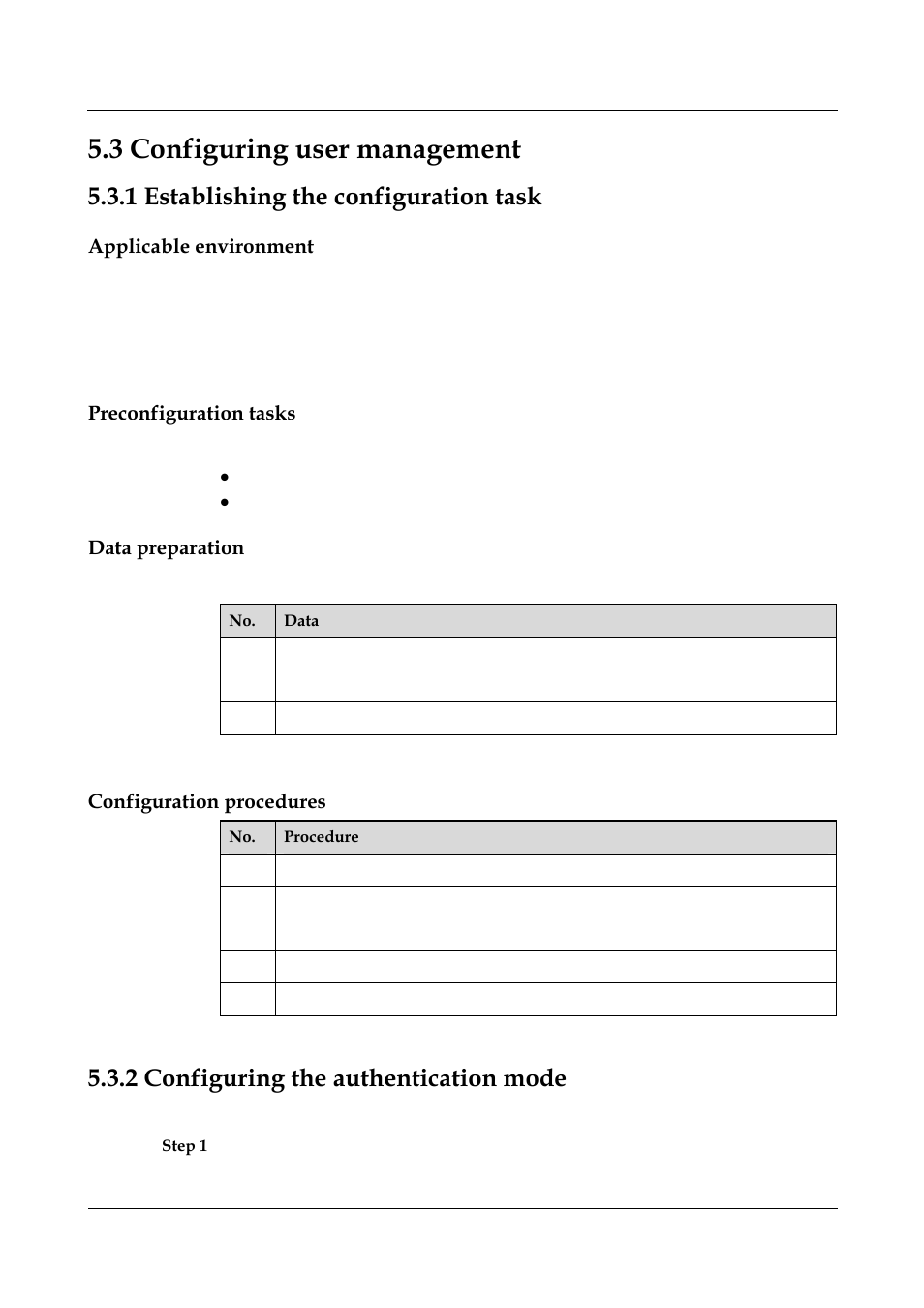 1 establishing the configuration task, Applicable environment, Preconfiguration tasks | Data preparation, Configuration procedures, 2 configuring the authentication mode, 1 establishing the configuration task -11, 2 configuring the authentication mode -12, 2 configuring a user, Interface | Panasonic NN46240-501 User Manual | Page 102 / 237