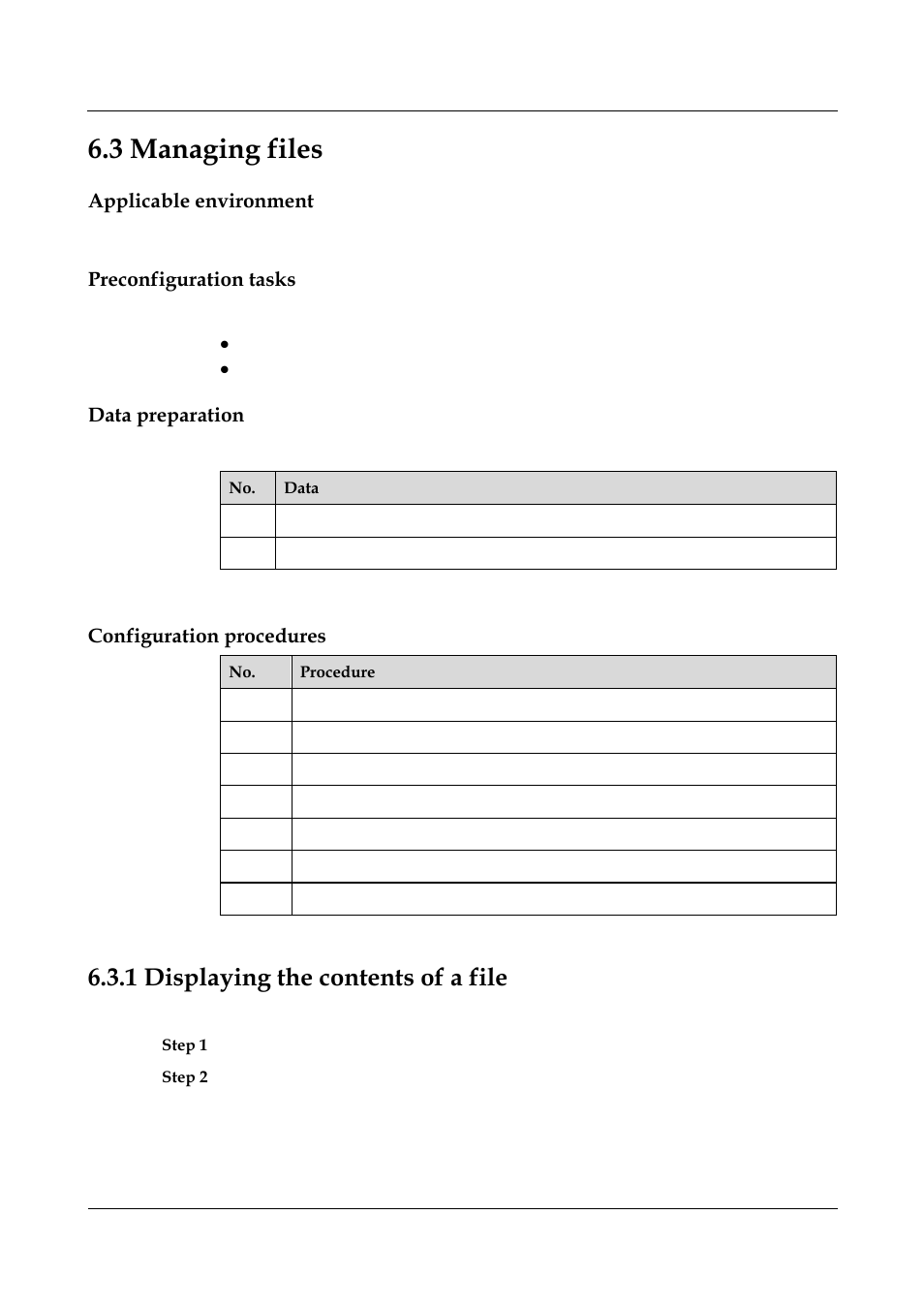 Applicable environment, Preconfiguration tasks, Data preparation | Configuration procedures, 1 displaying the contents of a file, 1 displaying the contents of a file -5, 3 managing files | Panasonic NN46240-501 User Manual | Page 117 / 237