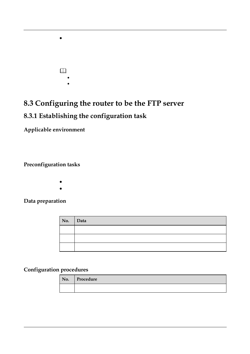 1 establishing the configuration task, Applicable environment, Preconfiguration tasks | Data preparation, 1 establishing the configuration task -3, 3 configuring the router to be the ftp server | Panasonic NN46240-501 User Manual | Page 139 / 237