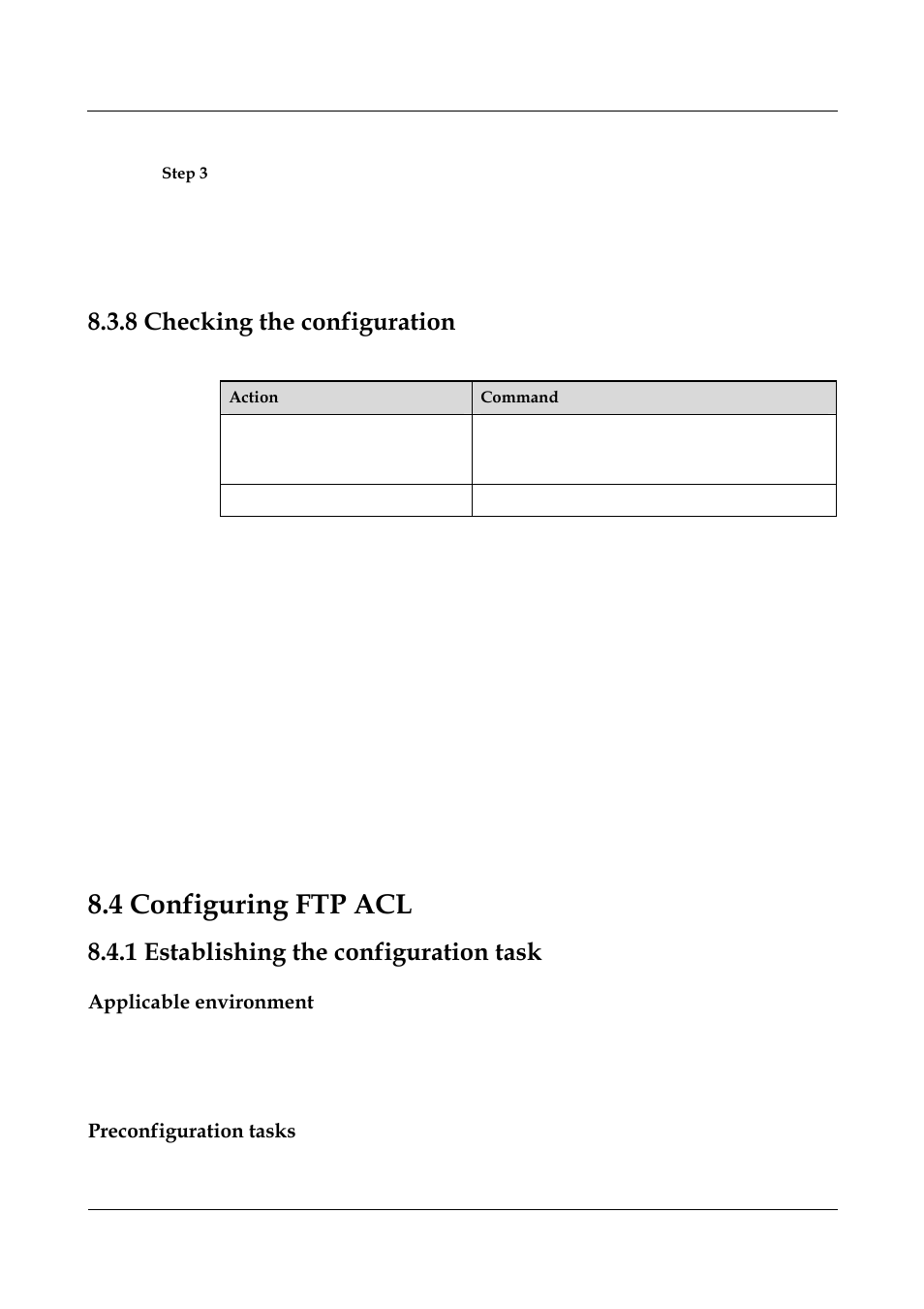 8 checking the configuration, 1 establishing the configuration task, Applicable environment | Preconfiguration tasks, 1 establishing the configuration task -6, 4 checking the configuration -8, 4 configuring ftp acl | Panasonic NN46240-501 User Manual | Page 142 / 237